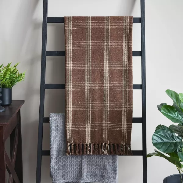 Creative CoOp Plaid Black ampamp Tan Fringed Woven Cotton Blend Throw 60 inch x50Brown