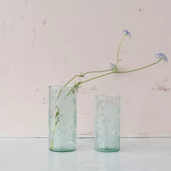 Creative CoOp Recycled Etched Glass Clear Hurricane Green