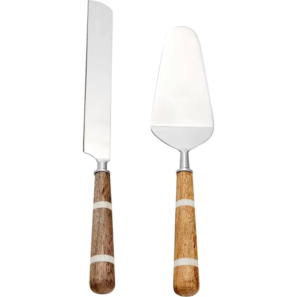 Creative CoOp Stainless Steel Cake Knife ampamp Server with Wood ampamp Horn Inlay Handle and Bag 2 Pieces