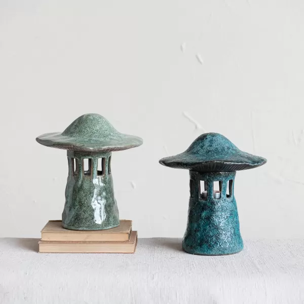 Creative CoOp Stoneware Mushroom Lid Set of 2 Colors Lantern Multi