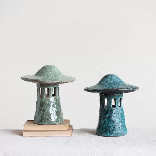 Creative CoOp Stoneware Mushroom Lid Set of 2 Colors Lantern Multi