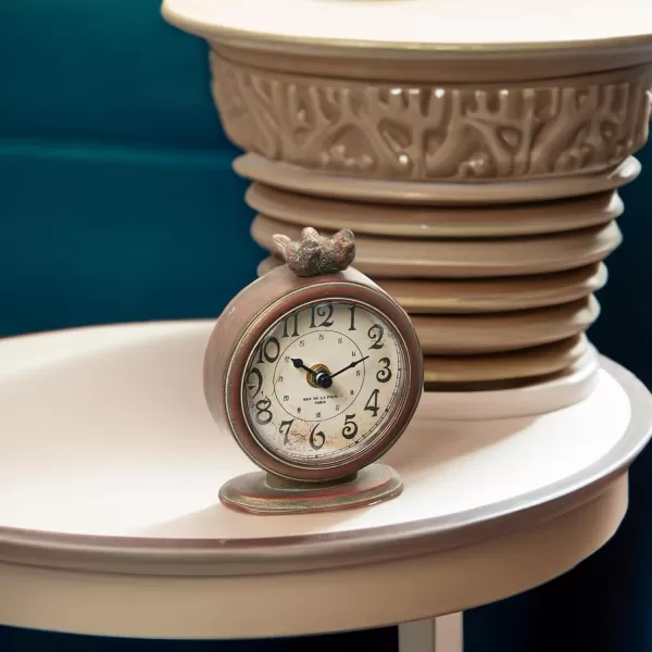Creative CoOp Vintage Pewter Mantel Clock with Birds Distressed CreamDistressed Brown
