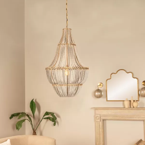 Creative CoOp White Washed Metal Chandelier with Wood BeadsLight Blue