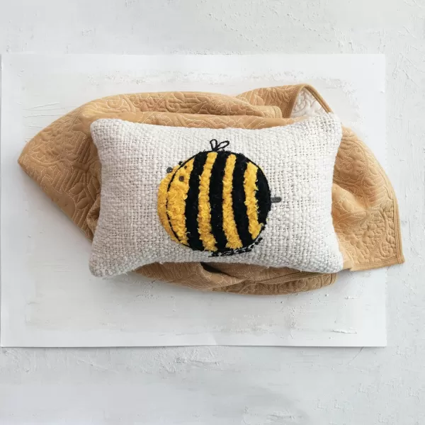 Creative CoOp Woven Cotton Lumbar Pillow with Embroidered Bee Design White and Yellow