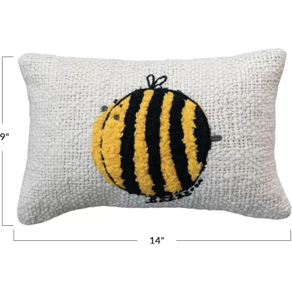 Creative CoOp Woven Cotton Lumbar Pillow with Embroidered Bee Design White and Yellow