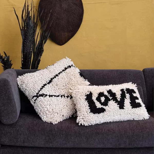 Creative CoOp Woven Wool Shag Lumbar Love Black ampamp Cream Color Pillow