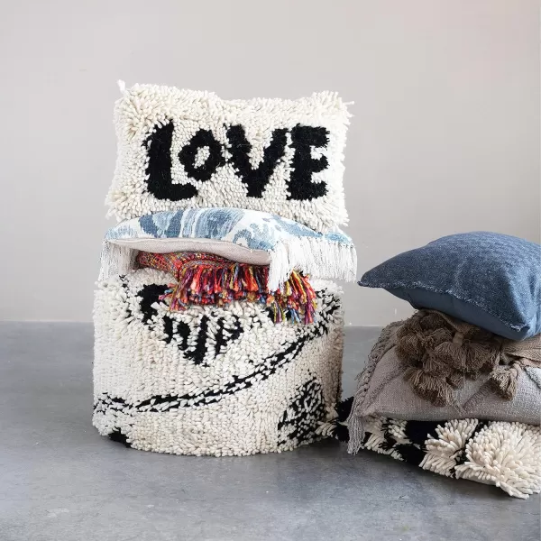 Creative CoOp Woven Wool Shag Lumbar Love Black ampamp Cream Color Pillow