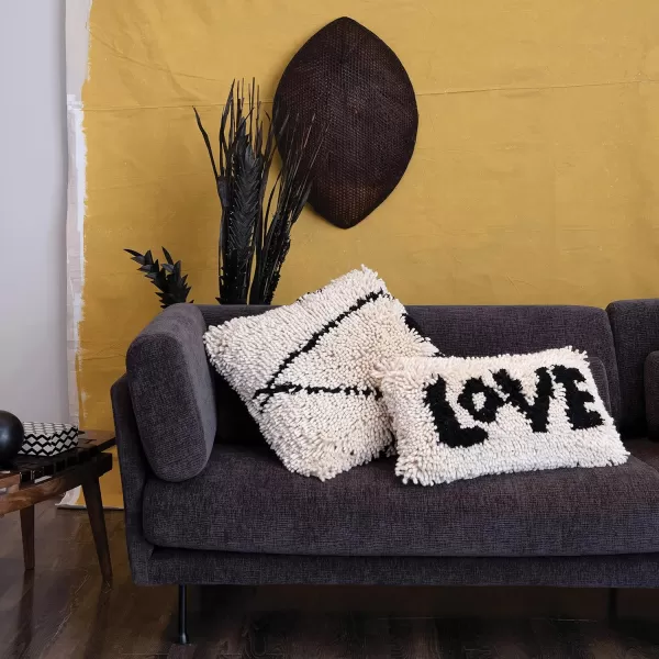 Creative CoOp Woven Wool Shag Lumbar Love Black ampamp Cream Color Pillow