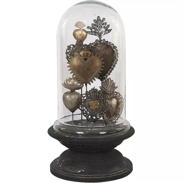 Decorative Tin Sacred Hearts on Wood Pedestal with Glass Cloche