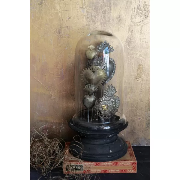 Decorative Tin Sacred Hearts on Wood Pedestal with Glass Cloche