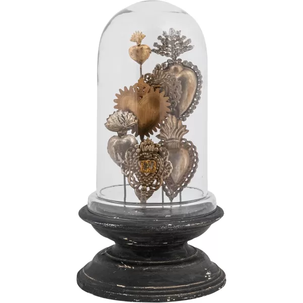 Decorative Tin Sacred Hearts on Wood Pedestal with Glass Cloche