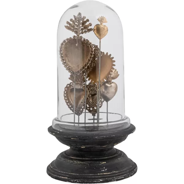 Decorative Tin Sacred Hearts on Wood Pedestal with Glass Cloche