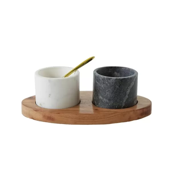 Creative CoOp 2 Marble Bowls on Mango Wood Base with Salt Spoon