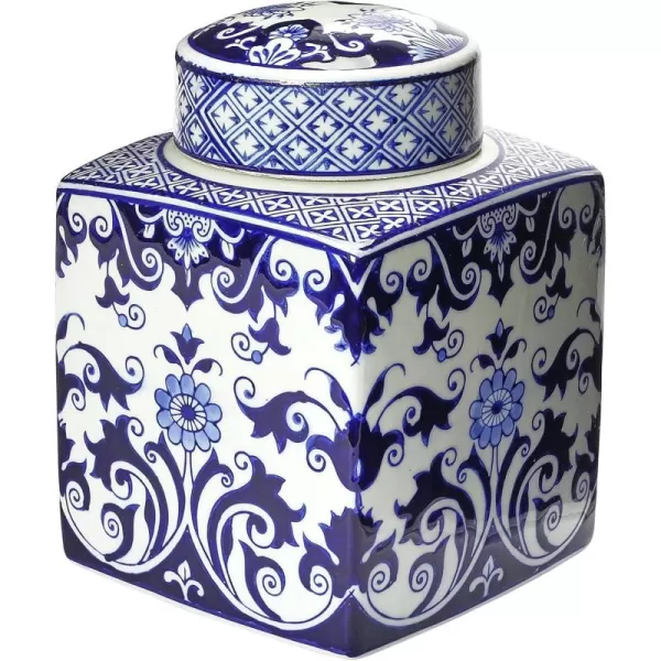 Creative CoOp Blue ampamp White Ceramic Ginger Jar with LidFloral Pattern