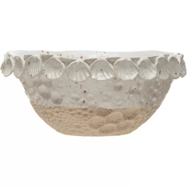 Creative CoOp Coastal 2Tone Stoneware Shell Trim White and Natural Decorative Bowl