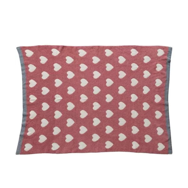 Creative CoOp Cotton Blend Knit Baby Blanket with Printed Hearts Pink and White