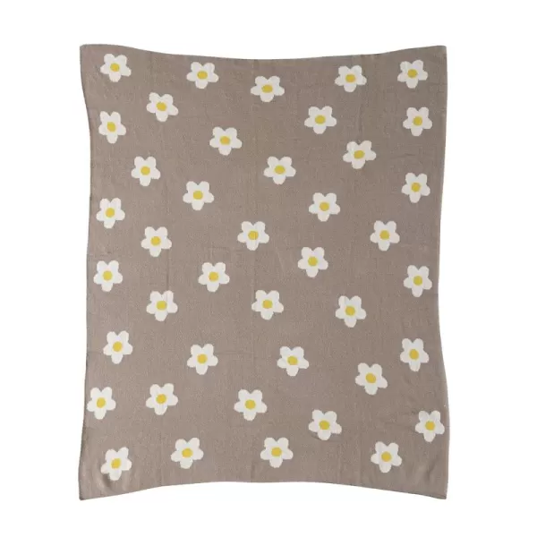 Creative CoOp Cotton Knit Baby Blanket with Printed Flowers Brown and White