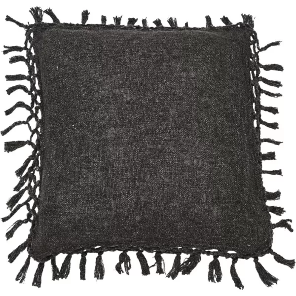 Creative CoOp Cotton Slub Crochet and Fringe Pillow 16quot L x 16quot W x 2quot H YellowBlack