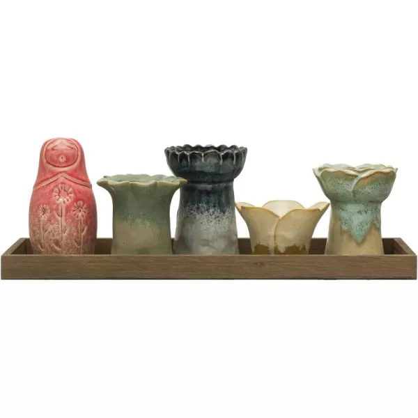 Creative CoOp Eclectic Stoneware Votive Holders on Tray Set of 6 Pieces Multicolor Vase Set Multi