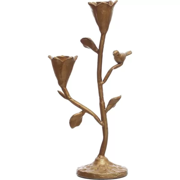 Creative CoOp HandForged Cast Iron Candelabra with Flowers and Bird Holds 2 Gold Taper Holder