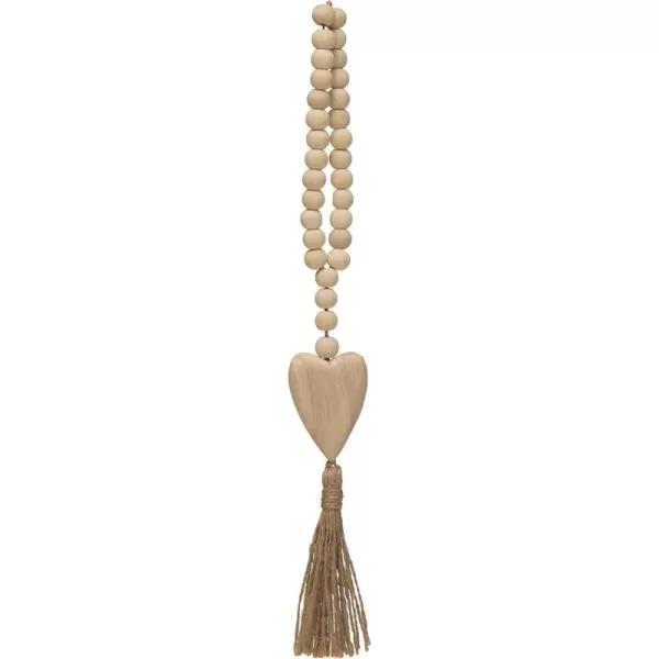 Creative CoOp Paulownia Wood Beads with Heart Pendant ampamp Jute Tassel Garland Cream