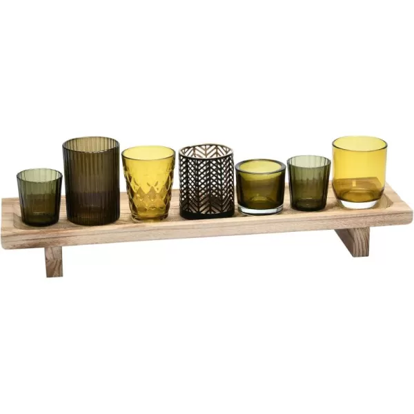 Creative CoOp Paulownia Wood Footed Tray with 7 Glass and Metal Votive Holders Multicolor Set of 8 Candleholders 20quot L x 6quot W x 6quot H Green