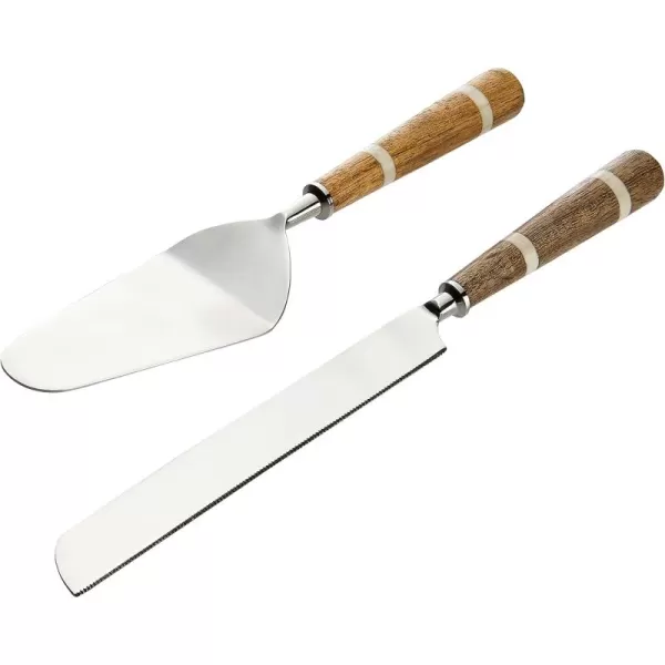 Creative CoOp Stainless Steel Cake Knife ampamp Server with Wood ampamp Horn Inlay Handle and Bag 2 Pieces