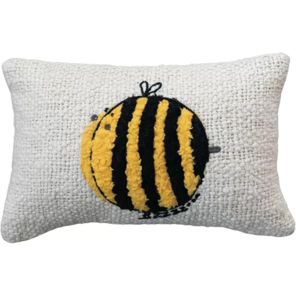 Creative CoOp Woven Cotton Lumbar Pillow with Embroidered Bee Design White and Yellow