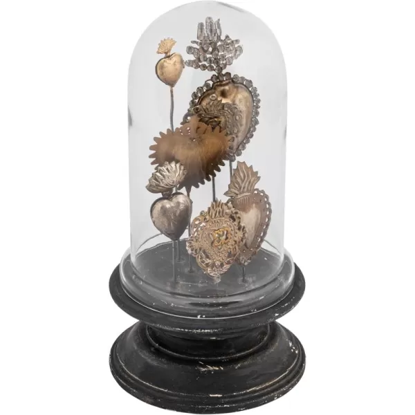 Decorative Tin Sacred Hearts on Wood Pedestal with Glass Cloche