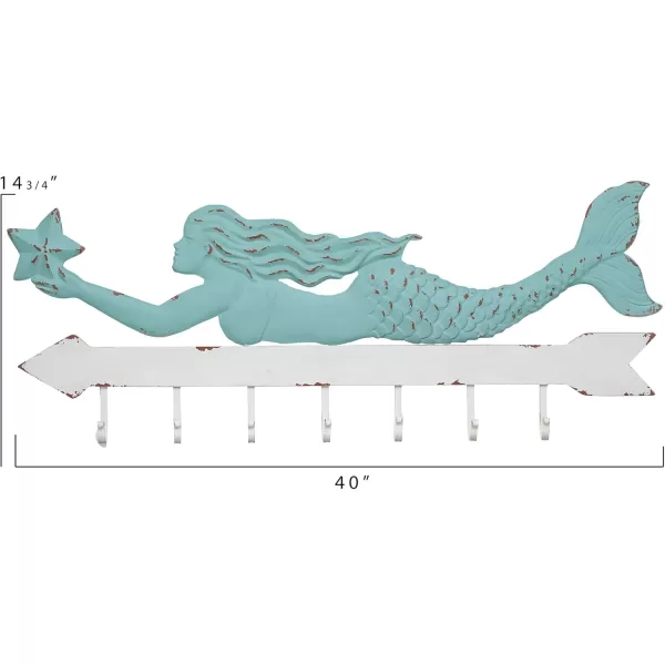Creative CoOp Aqua ampamp White Metal Mermaid Wall Dcor with 7 Hooks 16 Inch Long