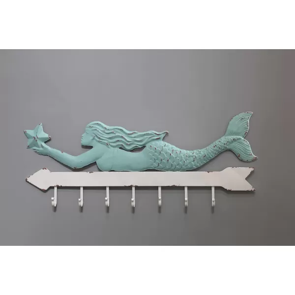 Creative CoOp Aqua ampamp White Metal Mermaid Wall Dcor with 7 Hooks 16 Inch Long