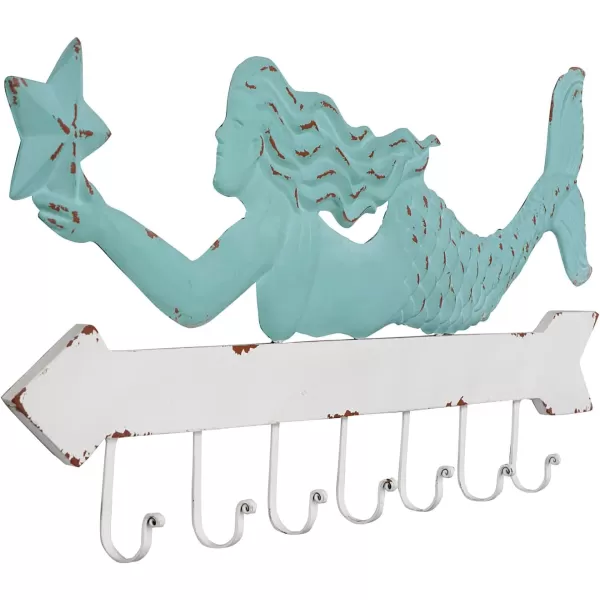 Creative CoOp Aqua ampamp White Metal Mermaid Wall Dcor with 7 Hooks 16 Inch Long