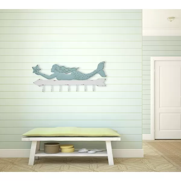 Creative CoOp Aqua ampamp White Metal Mermaid Wall Dcor with 7 Hooks 16 Inch Long
