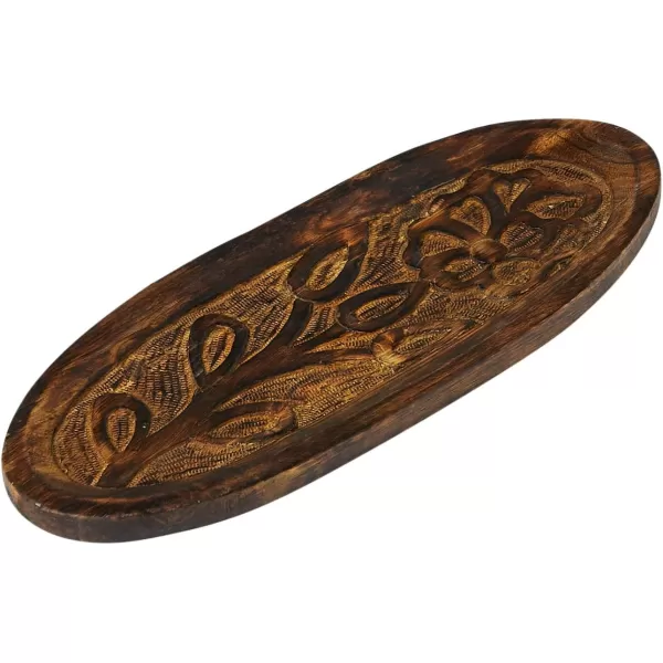 Creative CoOp Boho Decorative Wood Carved Floral Design Natural Tray