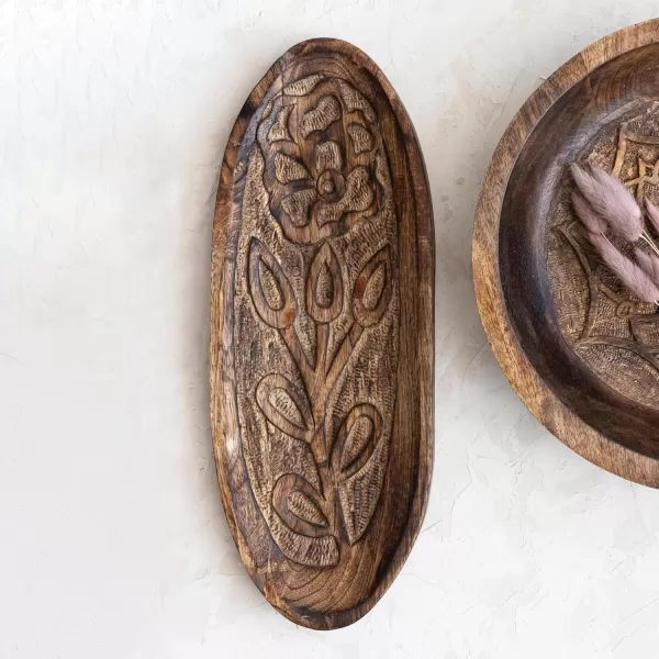 Creative CoOp Boho Decorative Wood Carved Floral Design Natural Tray