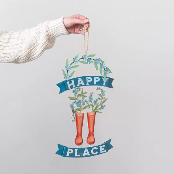 Creative CoOp Farmhouse Hanging Metal Boots and Flowers Happy Place Art Multicolor Wall Dcor Multi