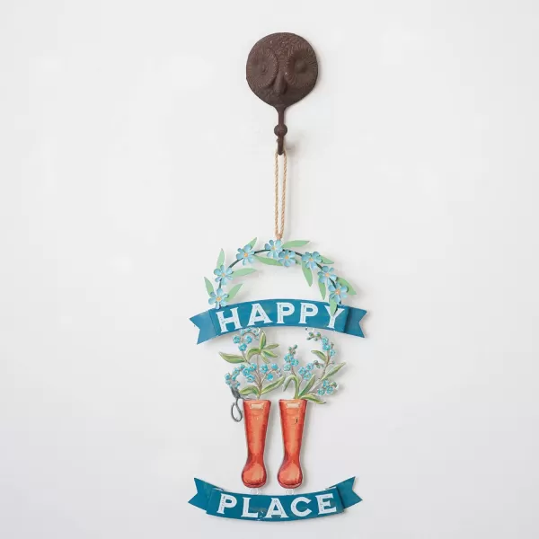 Creative CoOp Farmhouse Hanging Metal Boots and Flowers Happy Place Art Multicolor Wall Dcor Multi