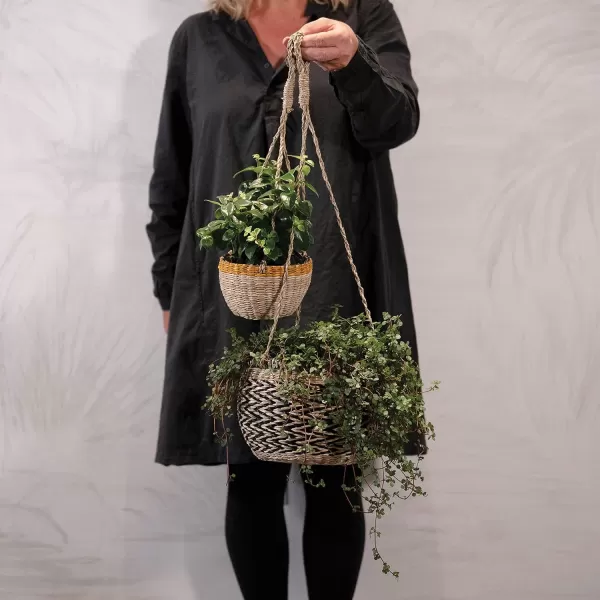 Creative CoOp HandWoven Hanging Seagrass Basket Planter with Plastic Lining Natural ampamp Black Holds 7quot Pot