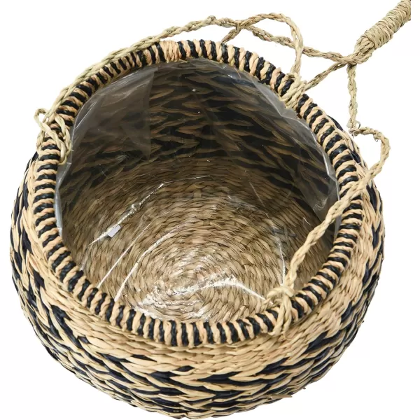 Creative CoOp HandWoven Hanging Seagrass Basket Planter with Plastic Lining Natural ampamp Black Holds 7quot Pot