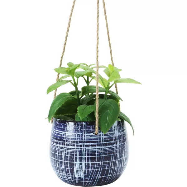 Creative CoOp Hanging Stoneware Pattern ampamp Jute Hanger Blue Holds 5quot Planter Pot