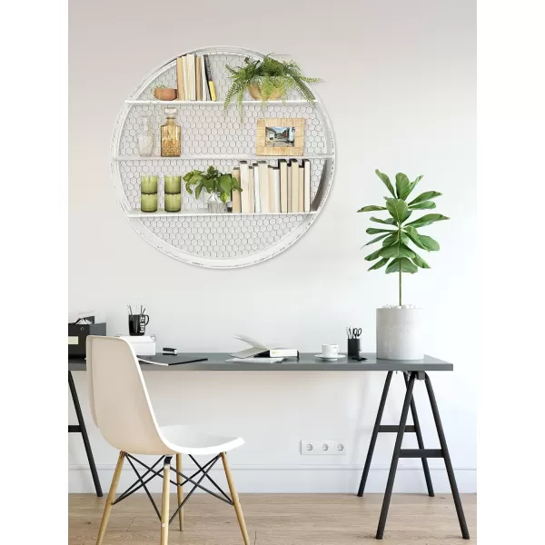 Creative CoOp Round Metal Dcor with 4 Wire Back Wall Shelves SilverWhite