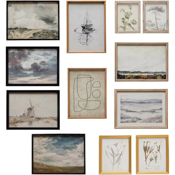 Creative CoOp Wood Framed Landscapes Botanicals and Abstract Images Multicolor Set of 12
