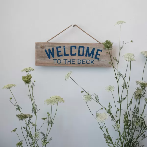 Creative CoOp Wood Welcome to The Deck Hanging with Rope Natural and Blue Wall Dcor