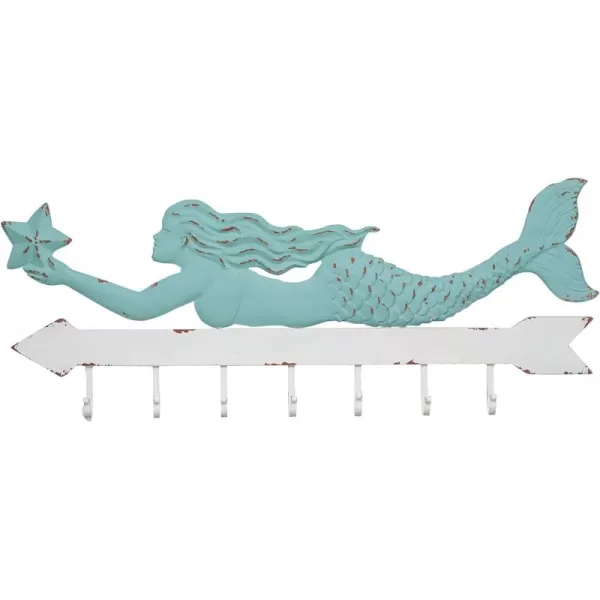Creative CoOp Aqua ampamp White Metal Mermaid Wall Dcor with 7 Hooks 16 Inch Long