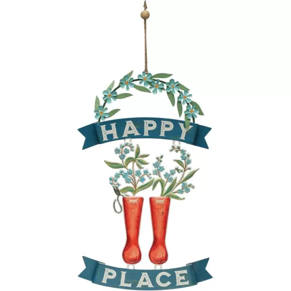 Creative CoOp Farmhouse Hanging Metal Boots and Flowers Happy Place Art Multicolor Wall Dcor Multi