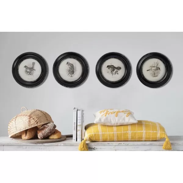 Creative CoOp Round Wood Framed Bird Prints Black and Ivory Set of 4