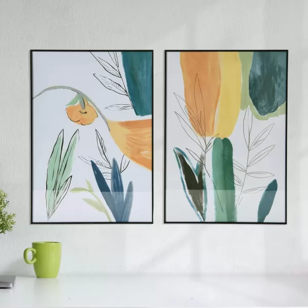 Creative CoOp Abstract Floral Watercolor Print in Metal Frame Set of 2