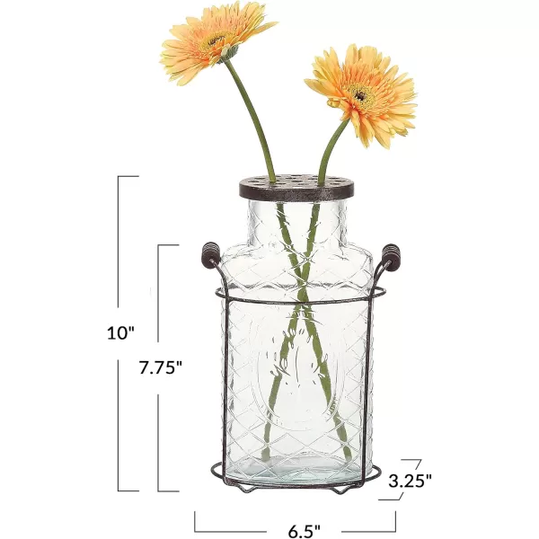 Creative CoOp Glass vase in Metal Stand with Metal Frog LidLarge