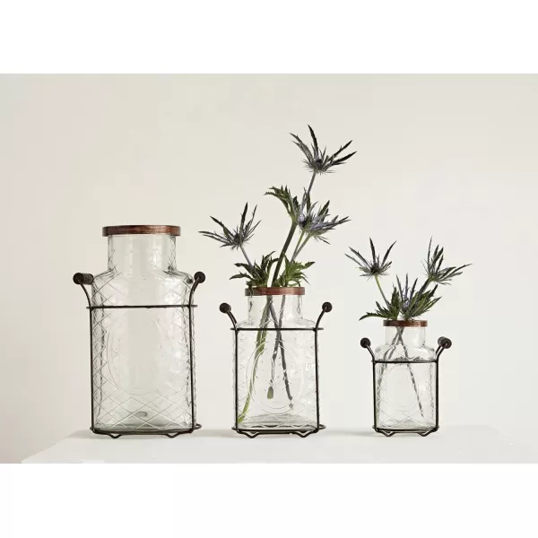 Creative CoOp Glass vase in Metal Stand with Metal Frog LidSmall