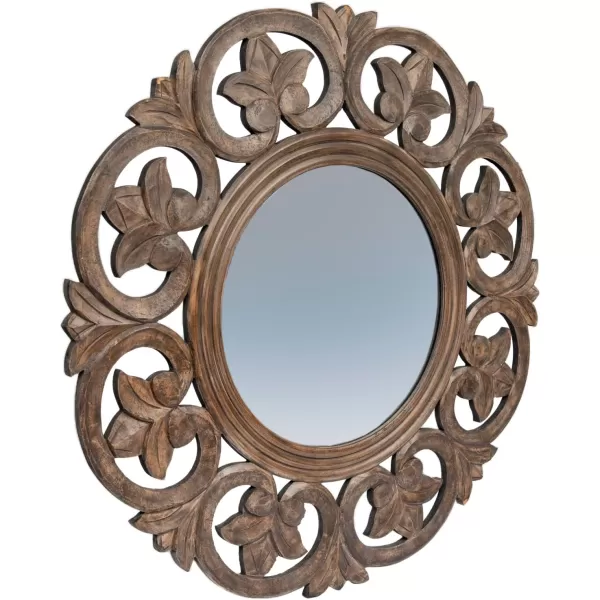Creative CoOp Round Carved Wood Botanical Framed Wall Mirror Walnut Brown